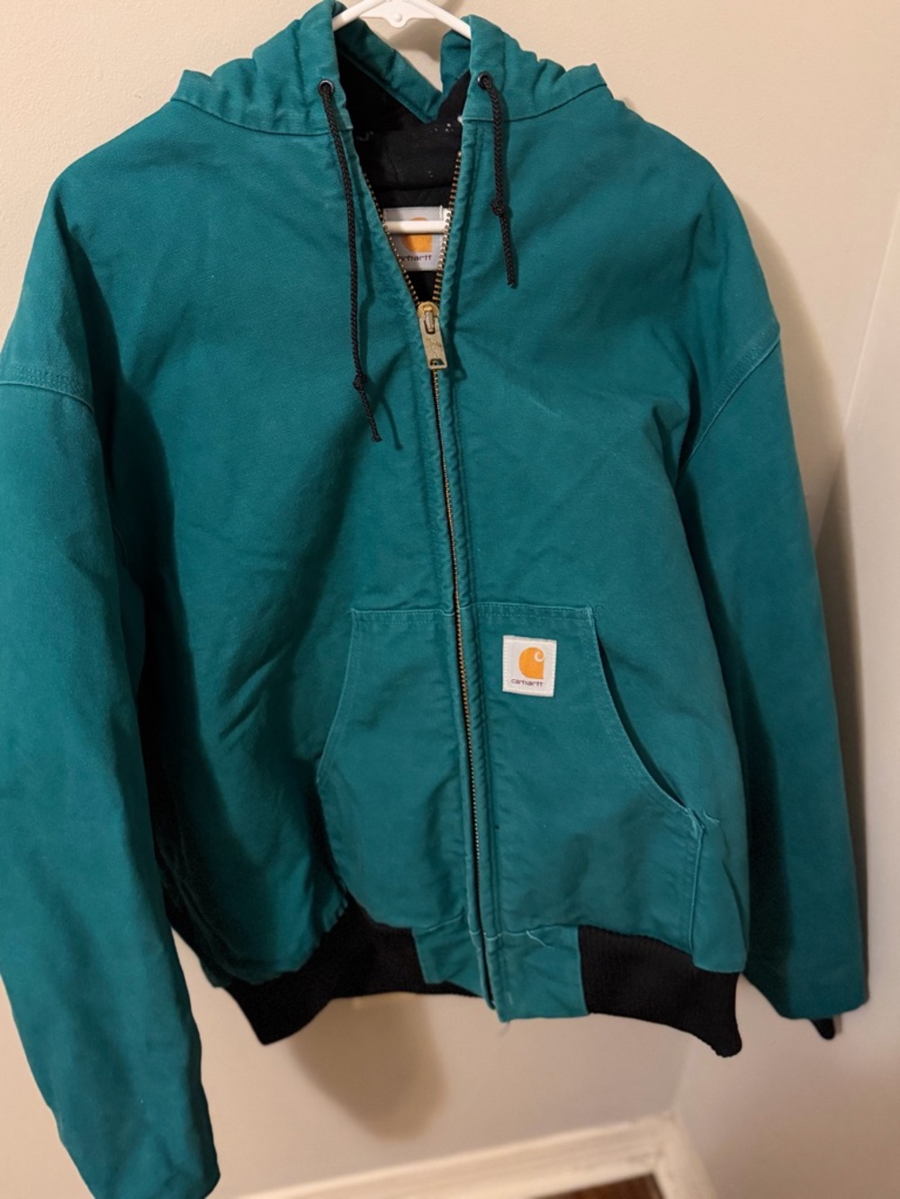 *RARE* 90’s VTG Carhartt Teal Hooded Canvas Jacket with Black Trim